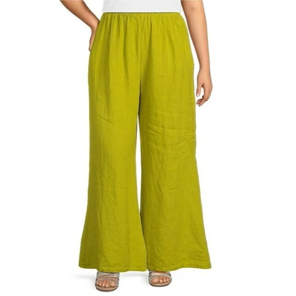 Bryn Walker 100% Linen Wide Leg Pull-On Pant Stretch Lagenlook Green Size Medium - Picture 1 of 12